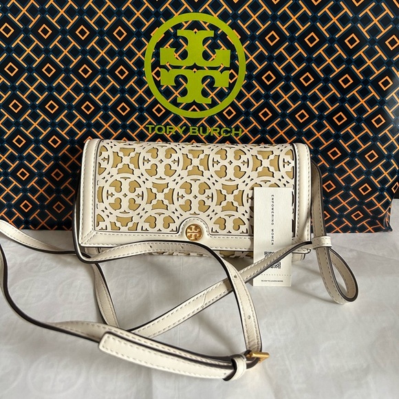 Tory Burch Handbags - Tory Burch T Monogram Laser Cut Wallet Crossbody Bag New Ivory Beeswax Gold